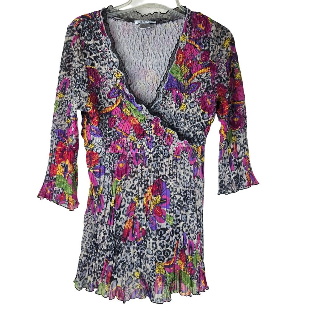 Vintage 90s/Y2K Alberto Makali Tropical Floral Cheetah‎ Babydoll Blouse M